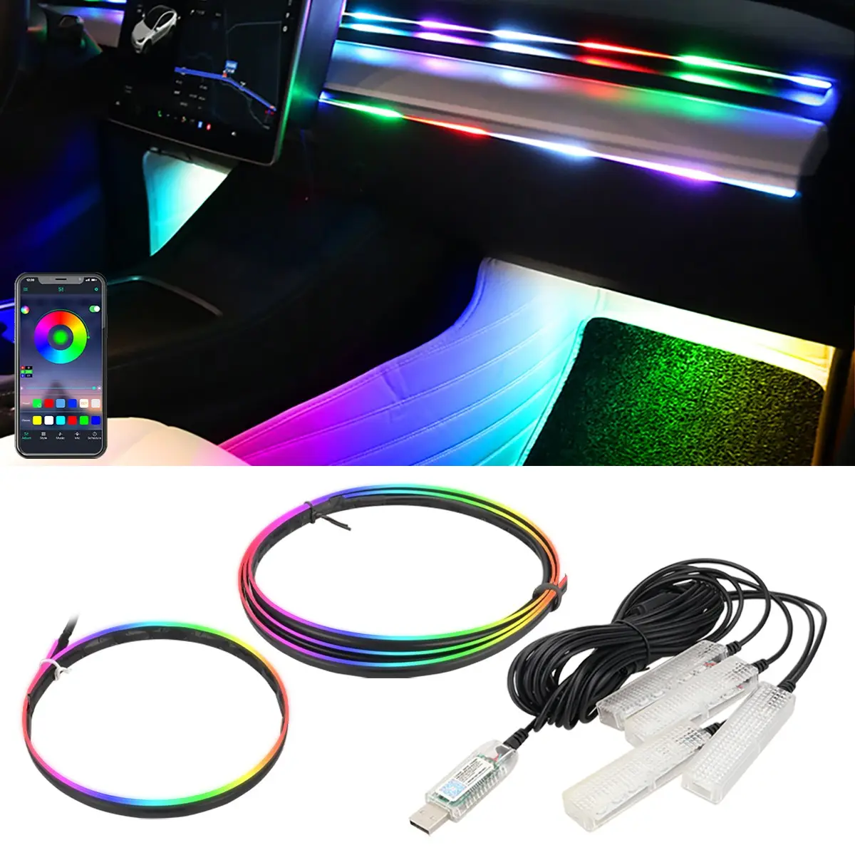 Car Lights Interior, Interior Led Vehicle, USB APP Control RGB Color Car Interior Ambient Light Strip, Dashboard Center Console Lighting Kit with Footwell Lights, Flexible Car Atmosphere Decor Lamp, Romantic Gift for Car Lovers