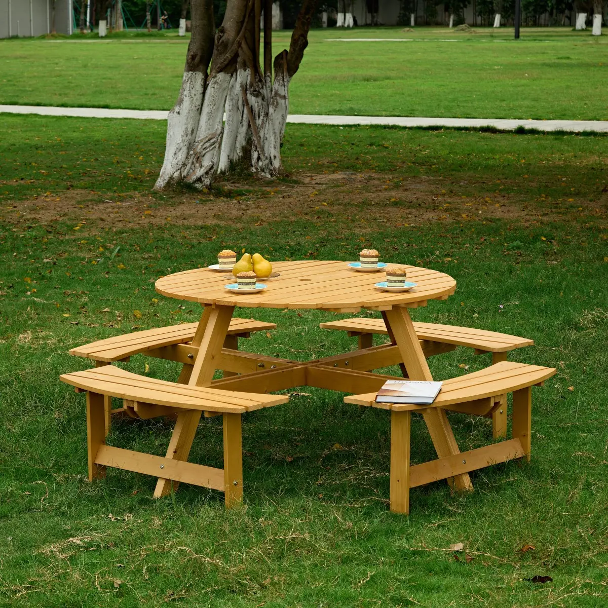 AobtkelOutdoor 8 Person Picnic Table, 8 person Round Picnic Table with 4 Built-in Benches, Umbrella Hole, Outside Table and Bench Set for Garden, Backyard, Porch, Patio,  Natural   WL