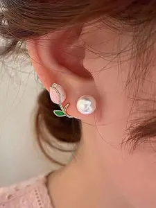 Elegant Tulip Imitation Pearl Hoop Earrings, Retro Style Floral Fashion Party Jewelry, Gift Accessory for All Seasons