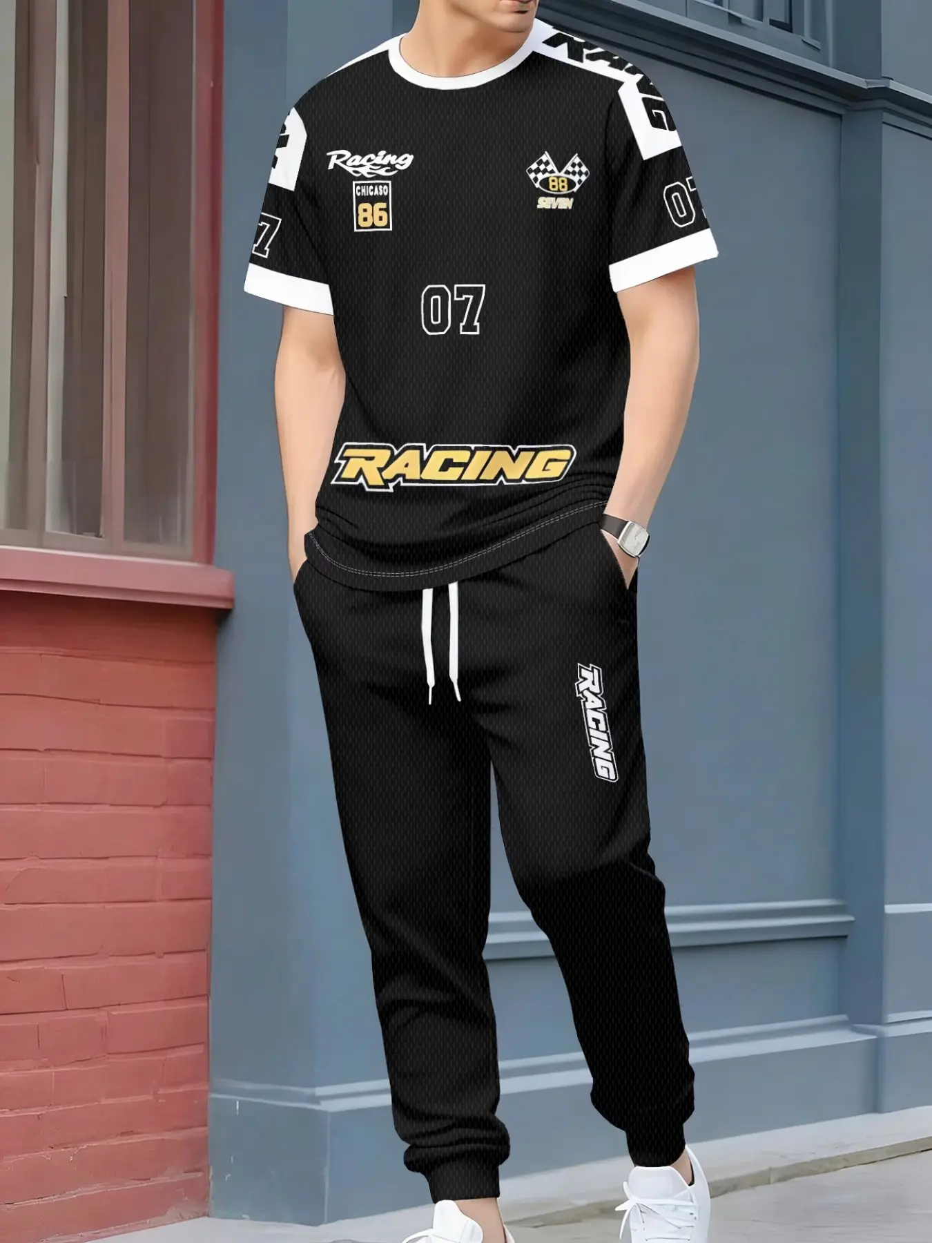 Summer Motorcycle Racing Print Men's Loose Breathable Pants, Stylish Set, Short Sleeve, Fitted, Spring & Fall Fashion