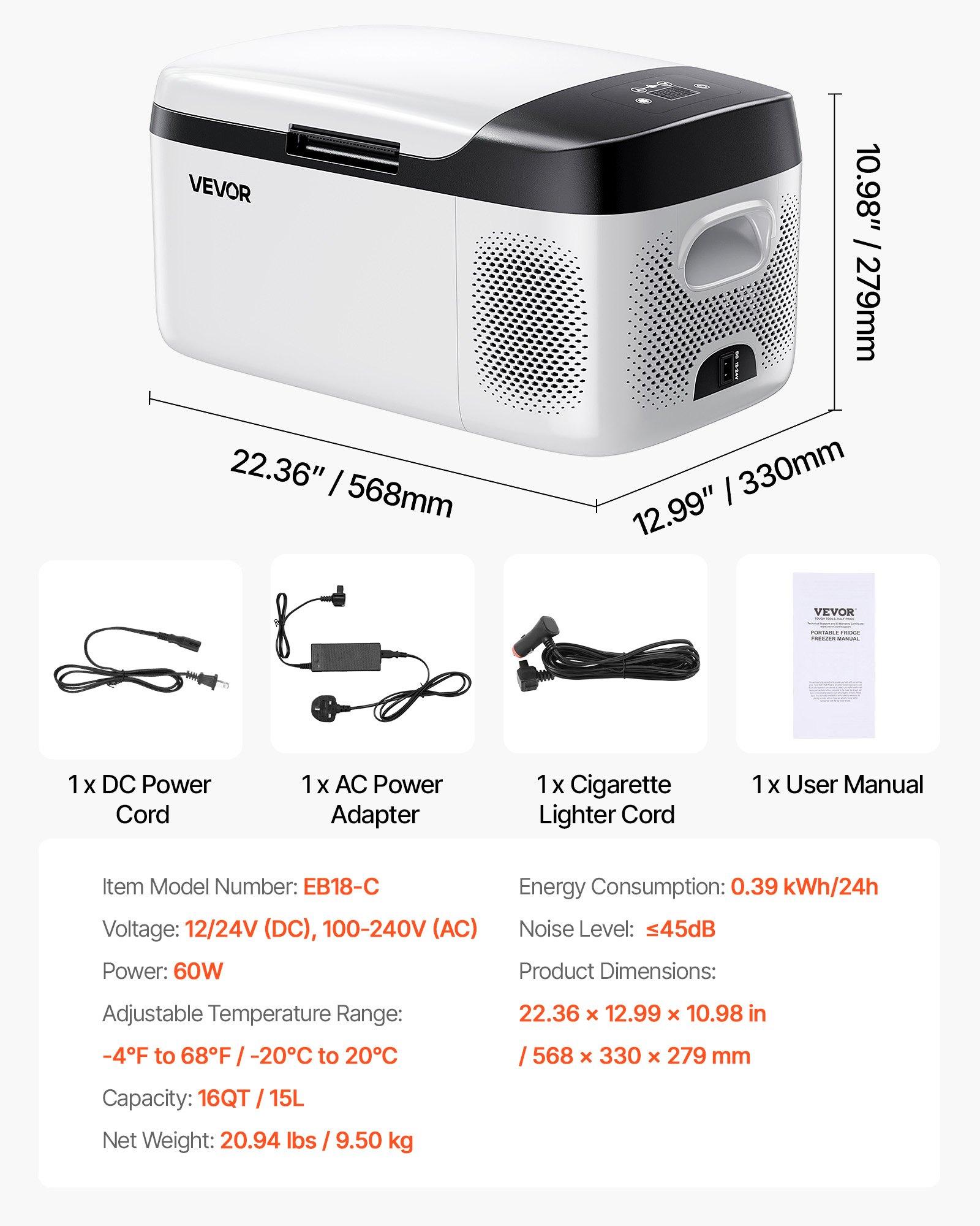 VEVOR Car Refrigerator, DC 12/24V AC100-240V Compressor Electric Cooler ...