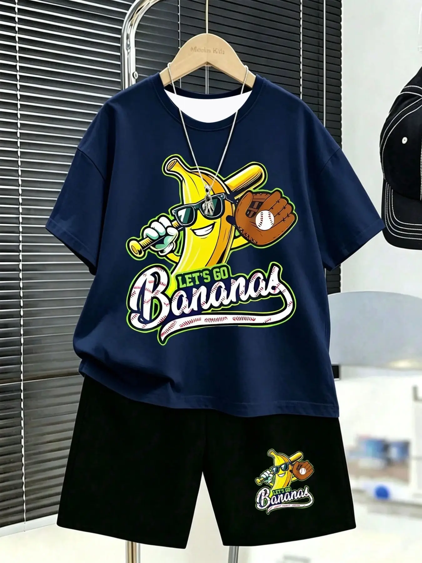 Trendy Baseball Banana Kids Short Sleeve Set, Unisex Casual Two-Piece Matching Set Summer, All-Over Print Fitted Suit for Boys and Girls