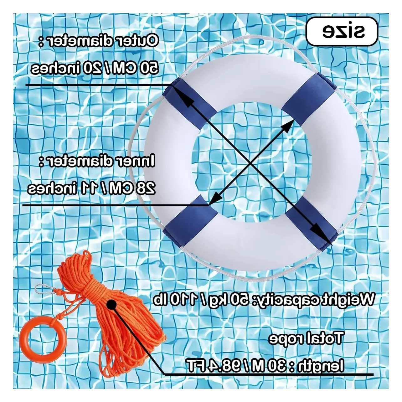20-Inch Throwable Life Preserver Ring with 98.4FT Floating Rescue Rope - Emergency Flotation Device for Boating, Pool, Lake & Beach - Swim Foam Buoy with Perimeter Line KitGift