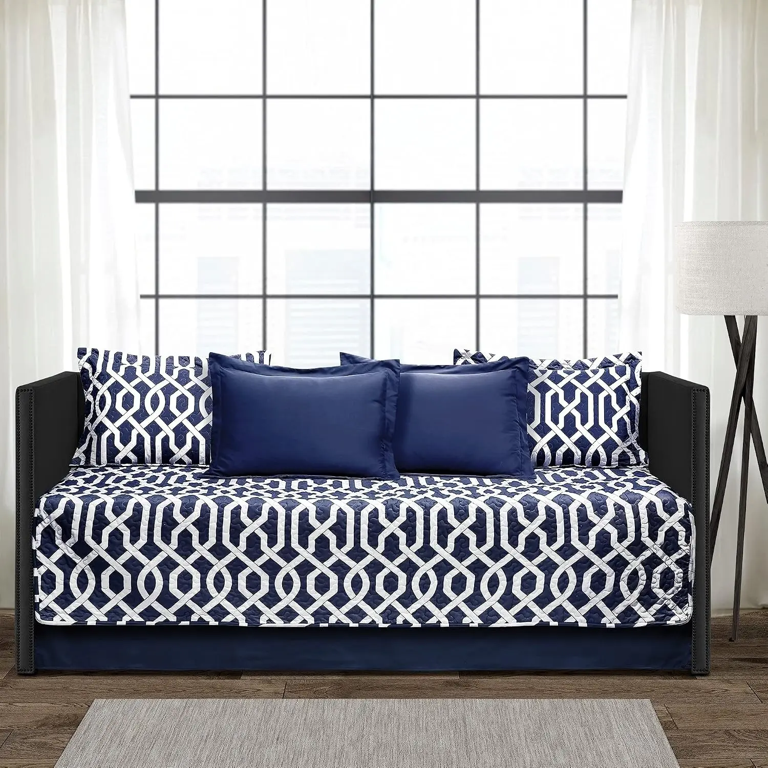 Navy and White Edward Trellis Patterned Daybed Cover Set Includes Bed Skirt, Pillow Shams and Cases, 75" X 39", 6 Piece