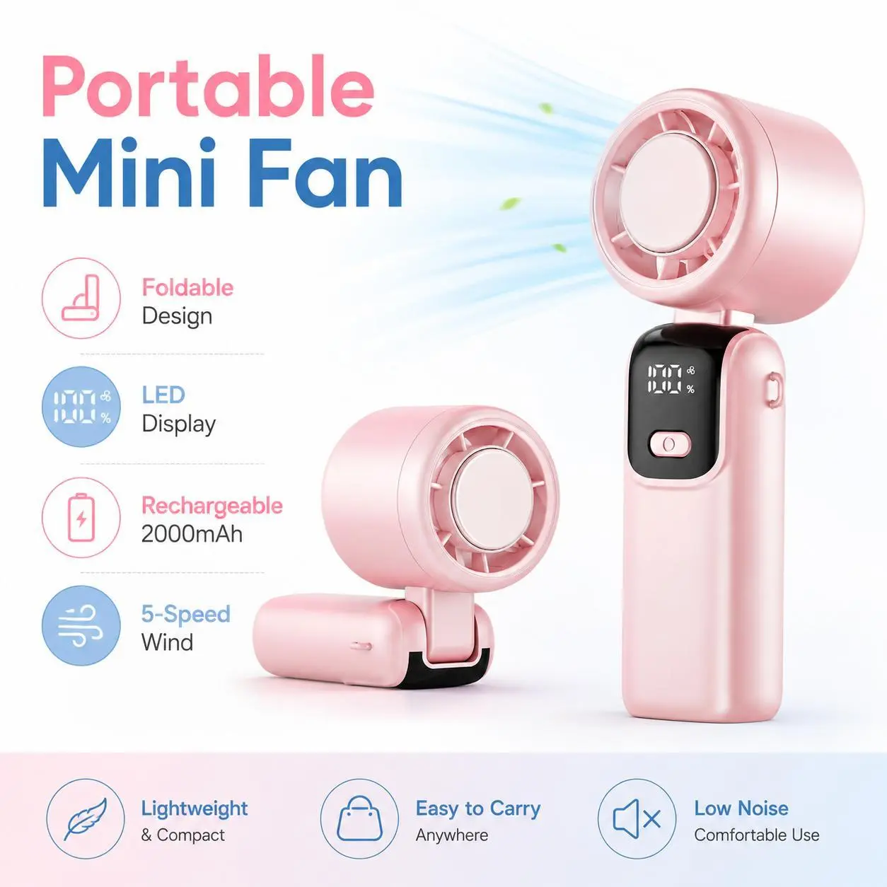 Rechargeable Portable Handheld Fan, 1–100 Speed Adjustable Foldable Mini Personal Fan with LED Digital Display, Compact Hand and Desk Cooling Fan for Travel, Commuting, Office, Home, School, Makeup, Camping, Beach, Concerts & Outdoor Use
