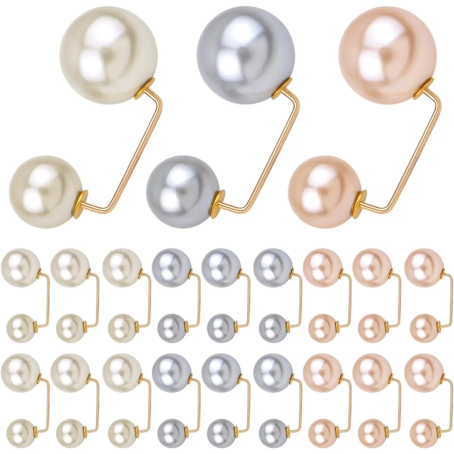 30pcs 3 Colors Faux Pearl Brooch Pins Anti-Exposure Sweater Shirt Shawl Clips Waist Extender Safety Pins for Women Clothing Bag Home Wedding Party Decoration
