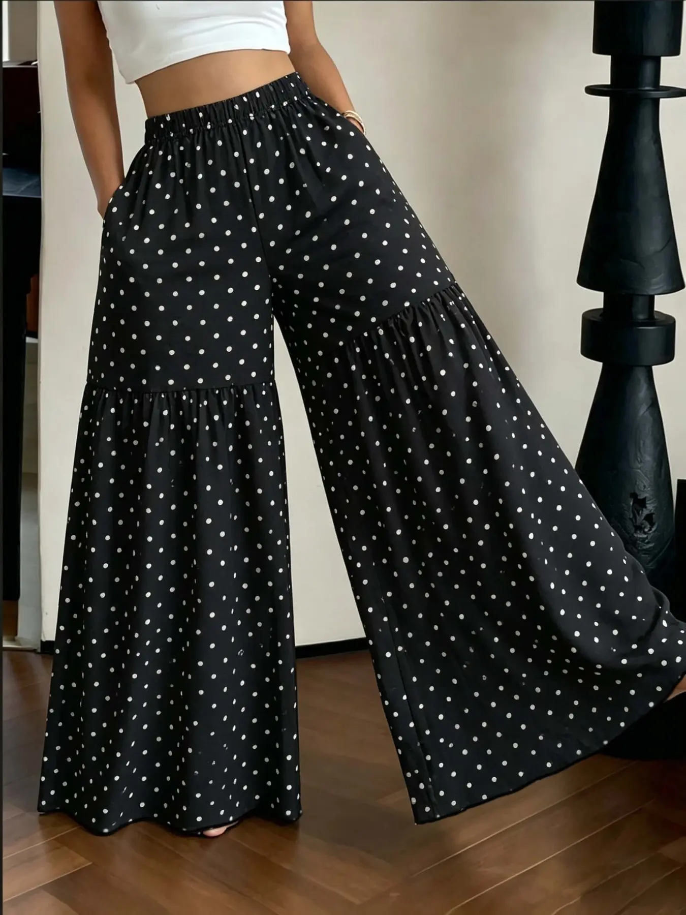 Flowy Polka Dot Patchwork Flare Pants, Bell Bottom Pants, Loose Fit Wide Leg Trousers, Casual All-Over Print, Side Pockets, Vacation Style Women's Long Pants, Bottoms