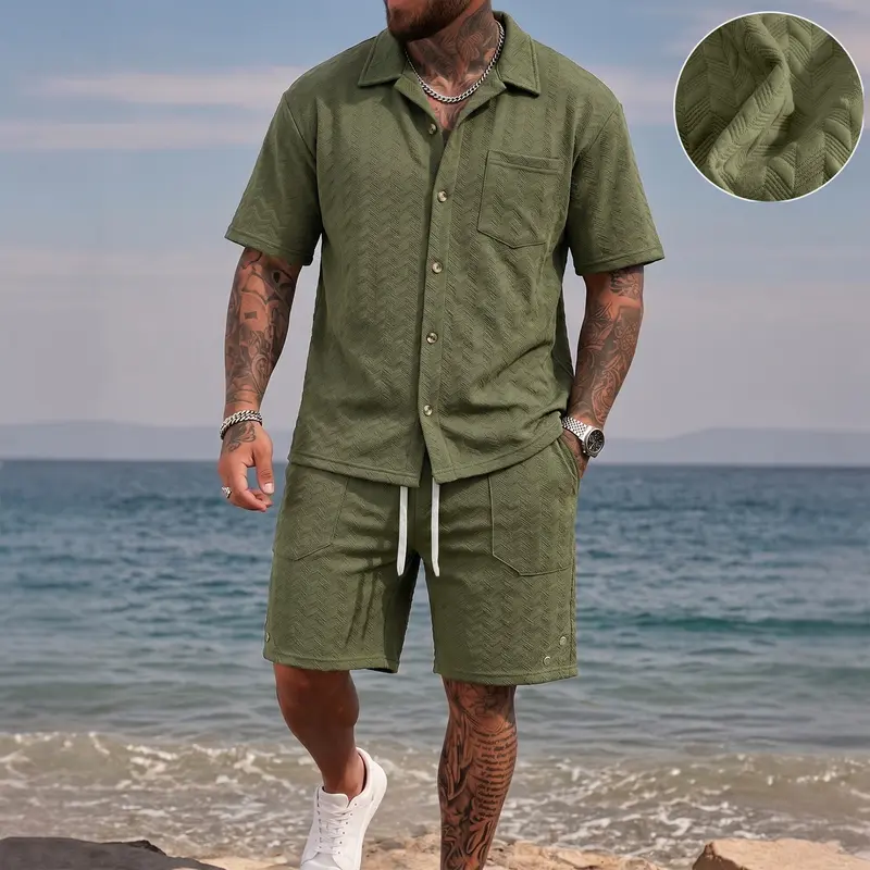 Men’s Textured Button-Up Shirt & Shorts Set, Casual Summer Two-Piece Outfit with Chest Pocket, Lightweight Vacation Beachwear for Daily Wear, Travel, Resort and Outdoor Activities