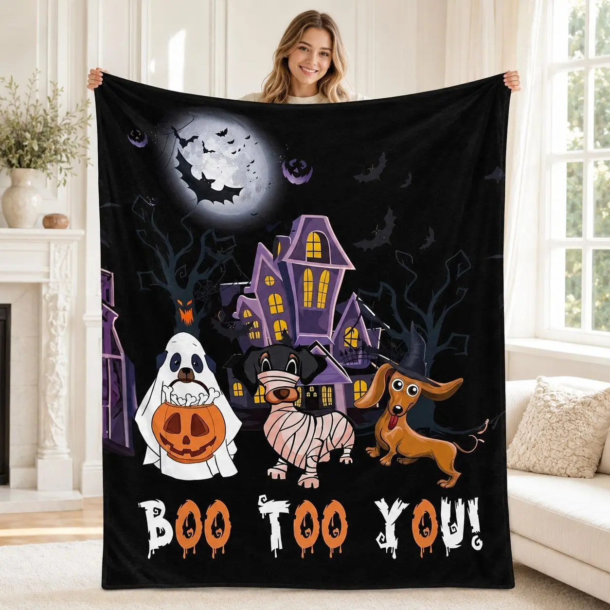 1PC Halloween Dachshund Ghost Mummy Pumpkin Haunted House Print Flannel Blanket, Soft Skin-Friendly Anti-Pilling Machine Washable Lightweight Throw Blanket, All Seasons For Adults Home Sofa Office Nap RV Camping Holiday Gift Decor Blanket