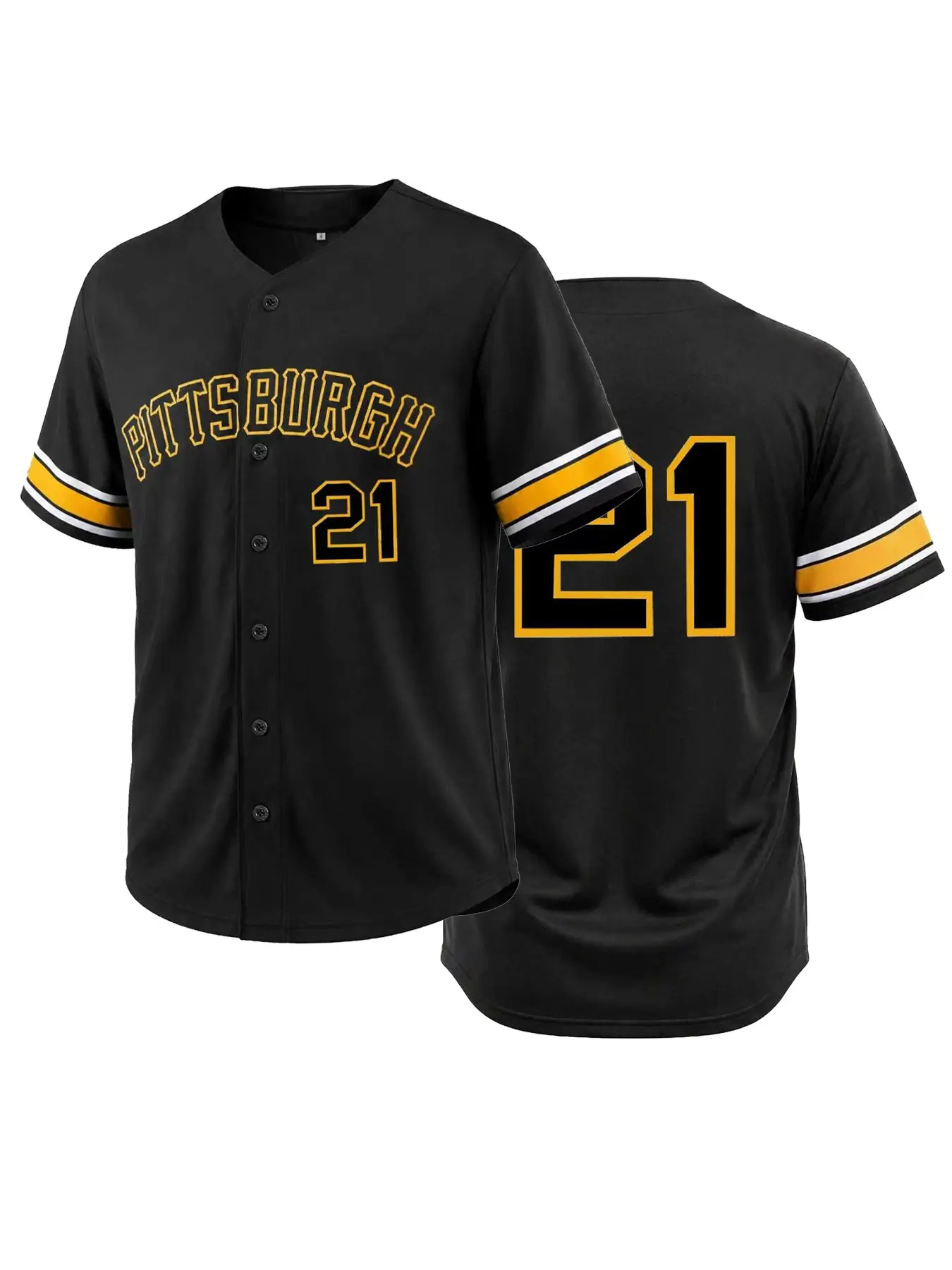Men's Pittsburgh #21 #90 Embroidery Baseball Jersey, Jersey Shirts, Black Button-Up Short Sleeve Sports Shirt with Yellow Striped Cuffs, Premium Casual Game Day Fan Apparel