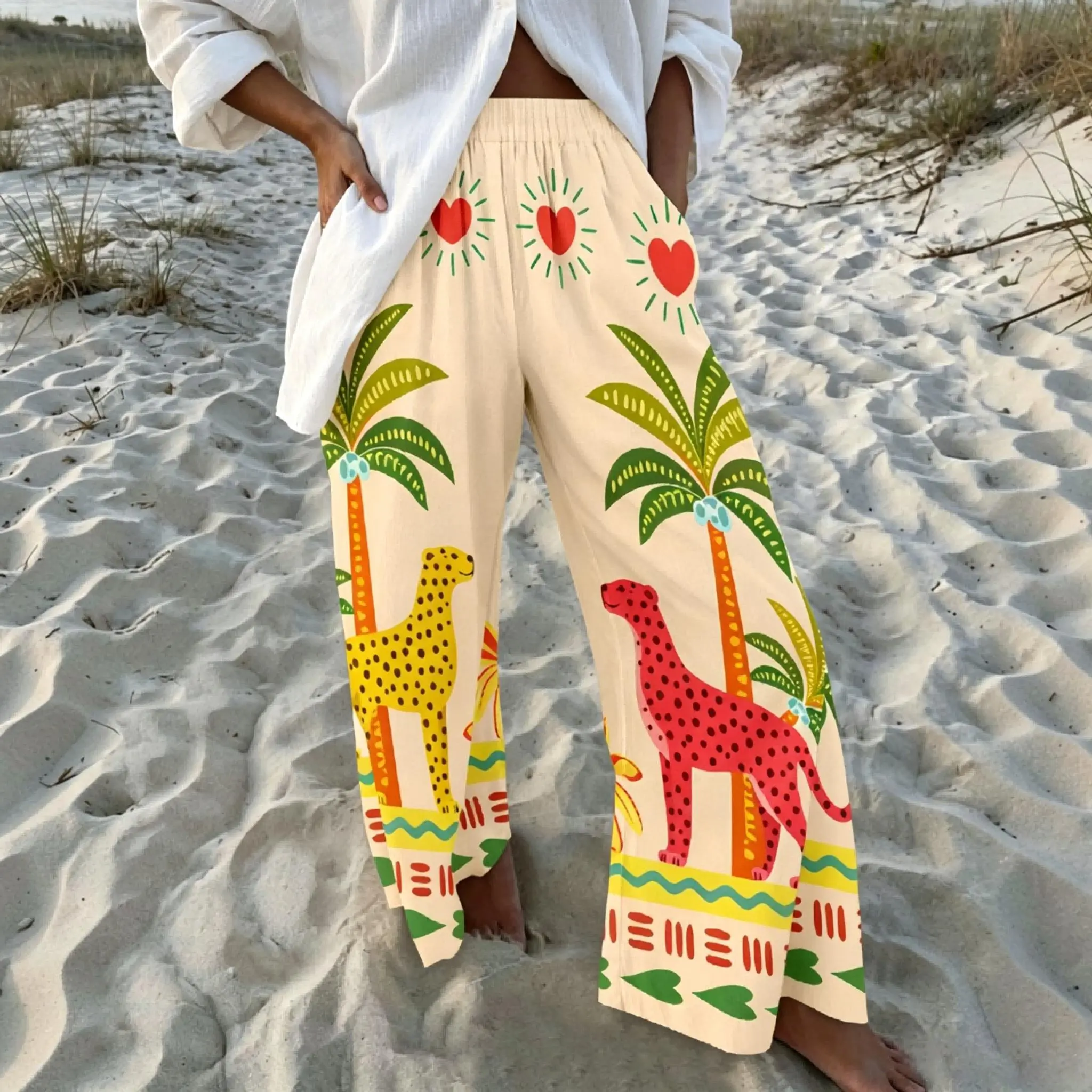 Women's Tropical Print Wide-Leg Pants - Baggy Oversized Breathable Woven Casual Beach Trousers with Pockets, Elastic Waist for Summer Vacation & Geometric Look, Colorful, Cropped