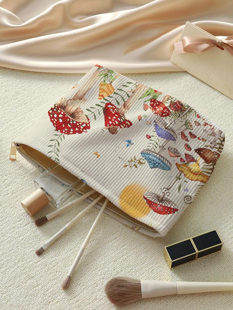 Cute Mushroom & Butterfly Pattern Makeup Bag, Multifunctional Large Capacity Storage Bag, Zipper Corduroy Makeup Bag for Travel & Daily Use, Handheld Cosmetic Pouch