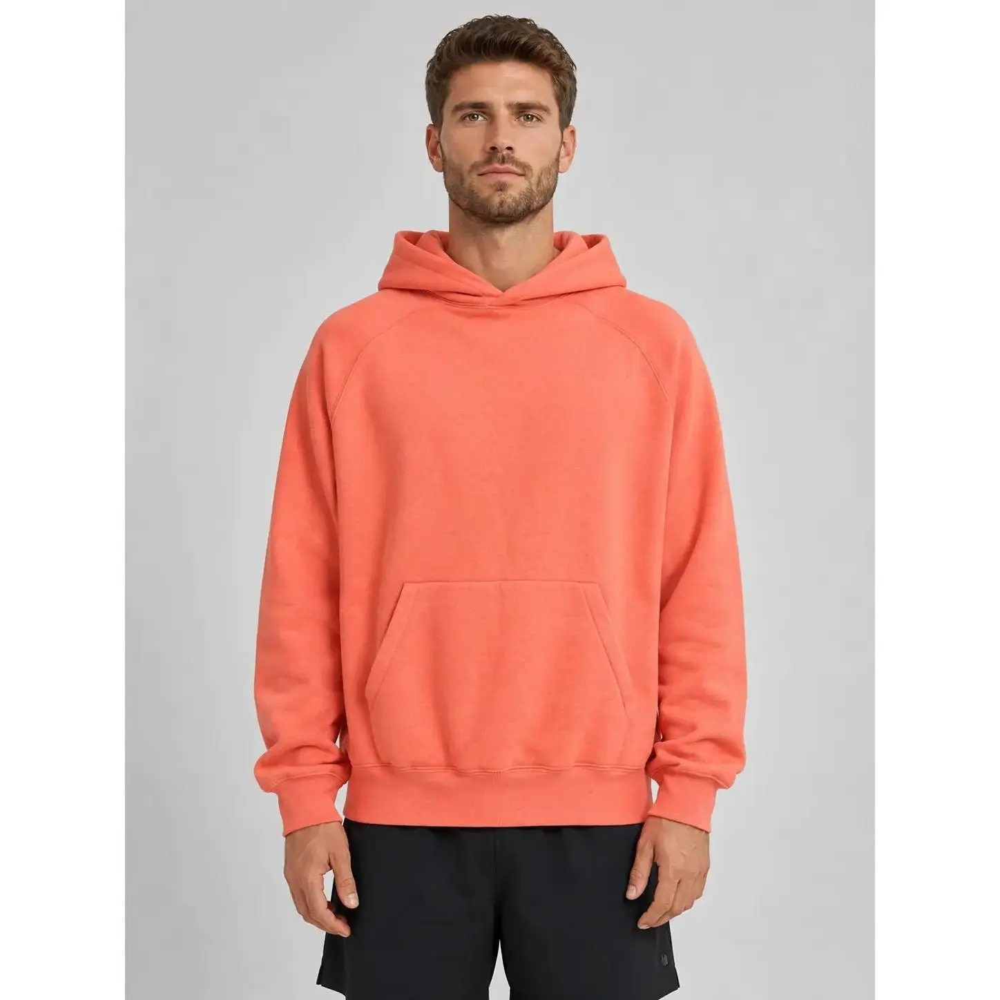 Men's Casual Fleece Hoodie in Coral, Loose Fit Streetwear Pullover with Front Pocket, Soft Cotton Top for Everyday Wear, With Hood, Extra Comfy, Streetwear Ease, Jeans/Shorts Ready