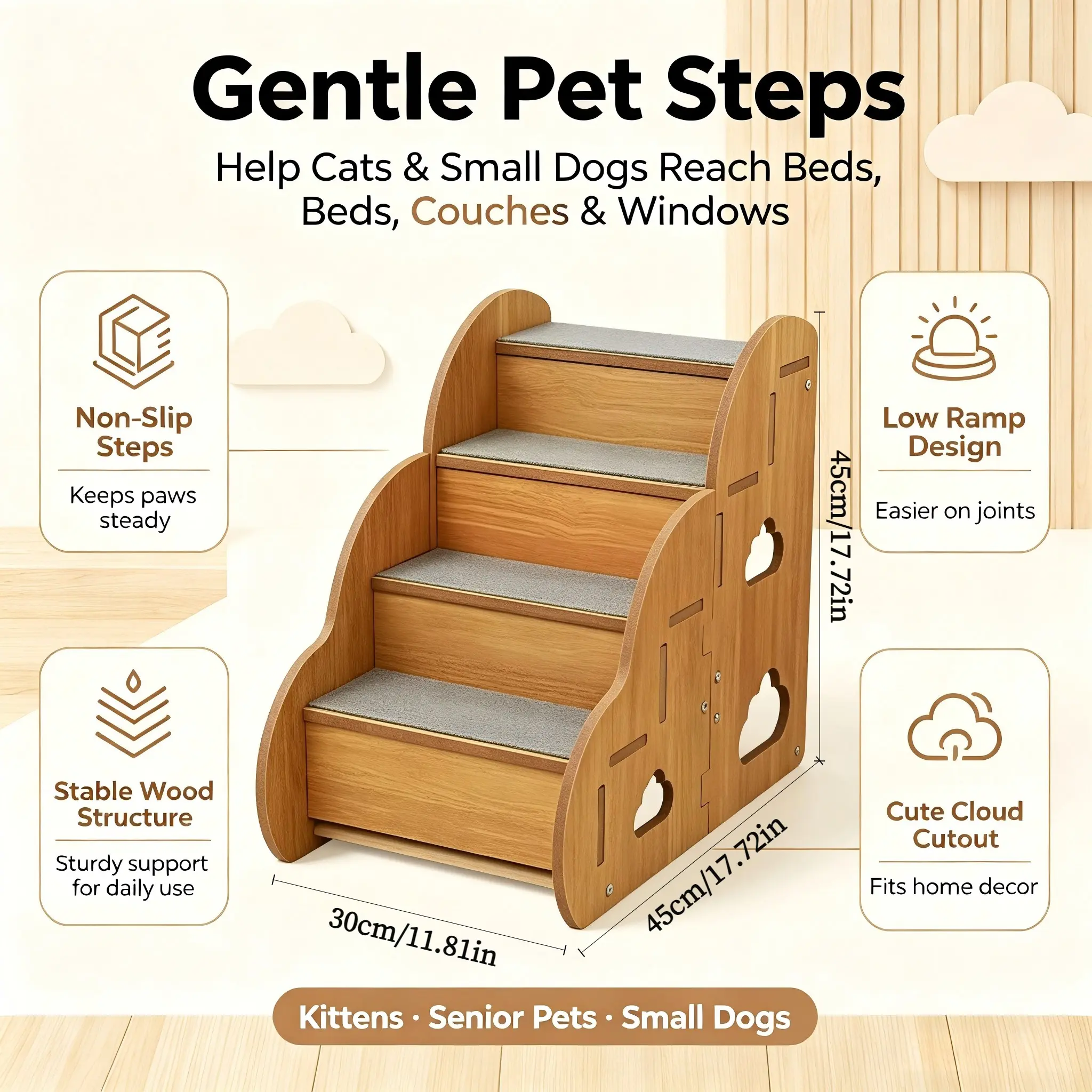 Pet Steps for Cats and Small Dogs, 4-Step Wooden Stairs for Bed, Couch, Sofa, and Window Perch, Non-Slip Ramp for Kittens, Senior Pets, and Dogs Needing Easy Climbing Access