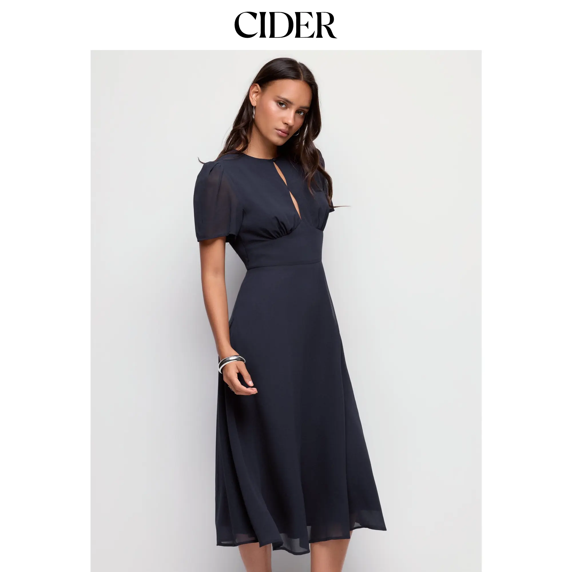 Cider Chiffon Puff Sleeve Ruched Cut Out A-line Maxi Dress SohoChic