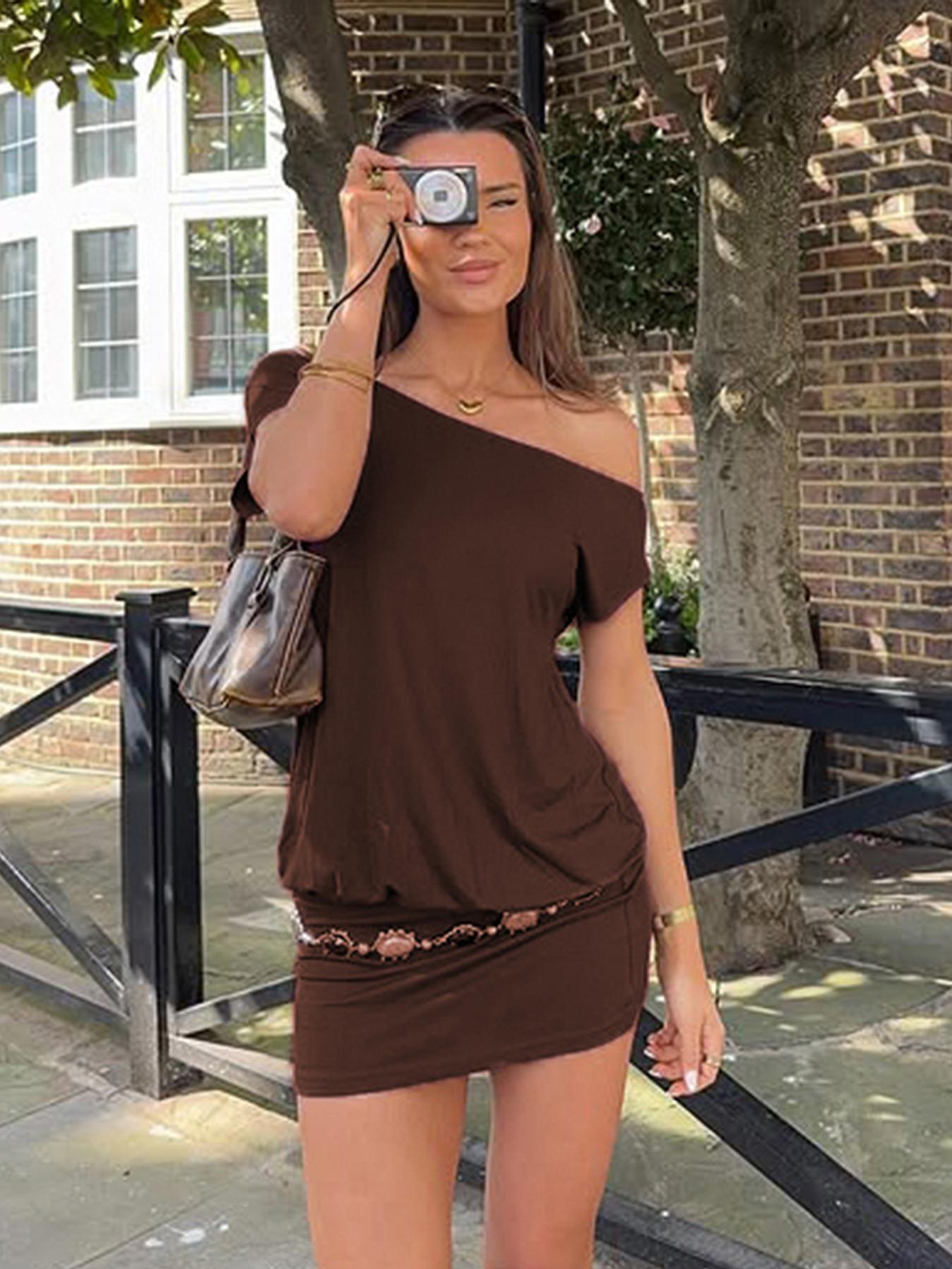 Asymmetrical Batwing Sleeve Off-Shoulder Women's Casual Dress, Trendy Summer Street Style Solid Bodycon Dress for Ladies (without belt)