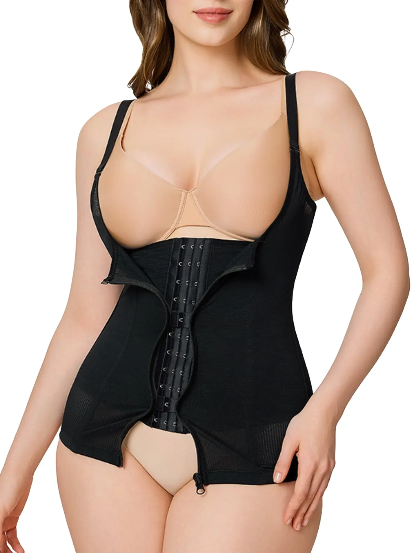 Breathable Mesh Abdominal Belt, Chest Support, 6 Steel Bones, Front Zipper, Adjustable 3 Rows Buckles, Detachable Straps, All Seasons Shapewear