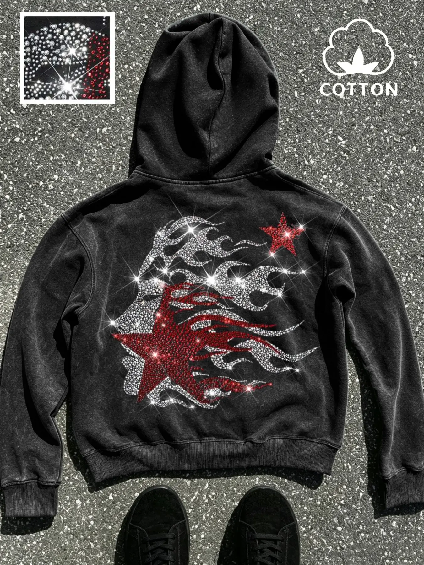 Men's Fall Winter Retro American Streetwear Style Hoodie, Comfortable Cotton Fabric, Drawstring Hood, Rhinestone Star Print, Loose Fit