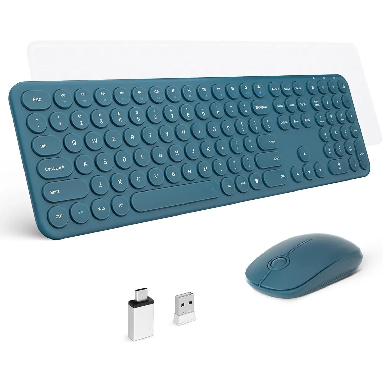 2.4GHz Full Size   Keyboard and  Combo,Ultra Slim Silent Cute Aesthetic Retro Round Keycap Keyboard,Cordless Quiet Blue Keyboard and   for Windows, OS (Blue)