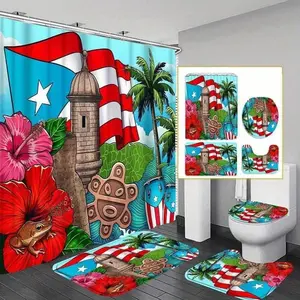 1/4pcs Puerto Rican pattern shower curtain set, includes non-slip mat, U-shaped rug, and toilet seat cover. Perfect for bathroom decoration, partitioning, and beautifying the space. Comes with 12/24 shower curtain hooks.