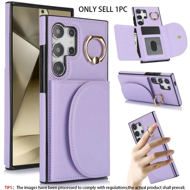 Pure Color Ring PU Leather Wallet Phone Case Cover Protector Casing Card Holder, Anti-Drop Shockproof Protective Cover Protection for Smartphone Samsung Galaxy S26 S25 S24 Ultra S23 S22 S21, Accessories