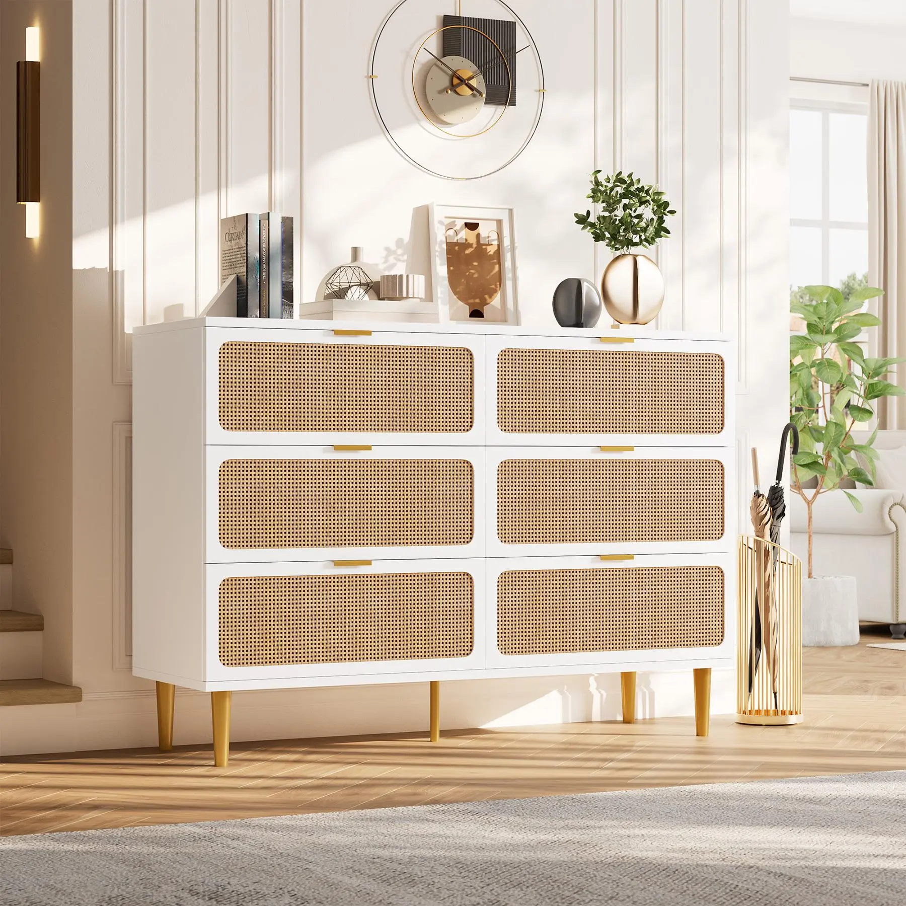 OP-Garvee Modern Rattan 6 Drawer Dresser – Wooden Chest with Deep Storage, Wide Top & Horizontal Design – Appropriate for Bedroom, Closet, Living Room, Hallway, Kids Room – Natural Finish Light Vanity Set Mirror C-Shaped Table