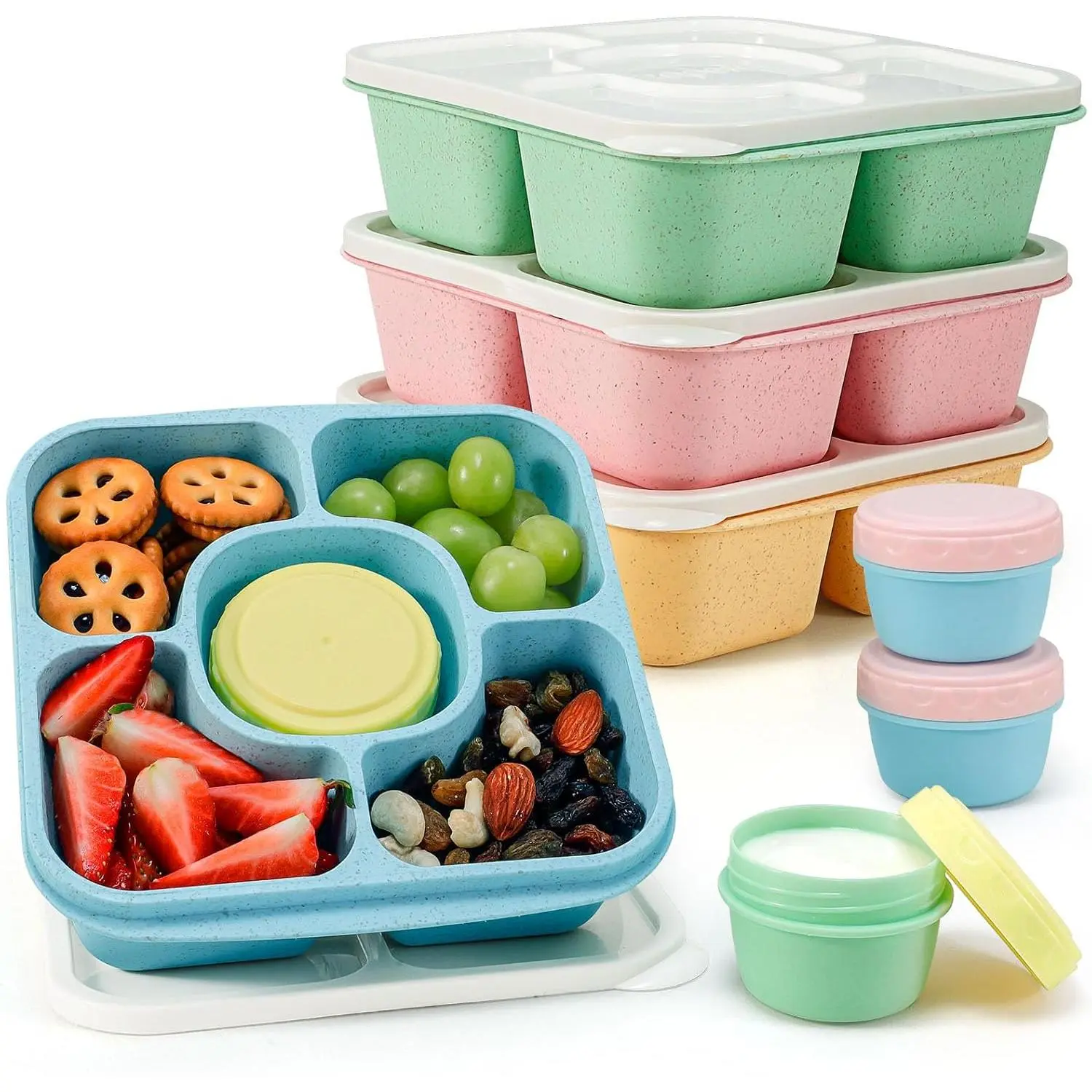 Lunchable Snack Containers for  & Adults - 5 Compartments Bento Snack Boxes with 4 Leakproof Small Containers, Wheat Straw, , Set of 4 ( Colors)