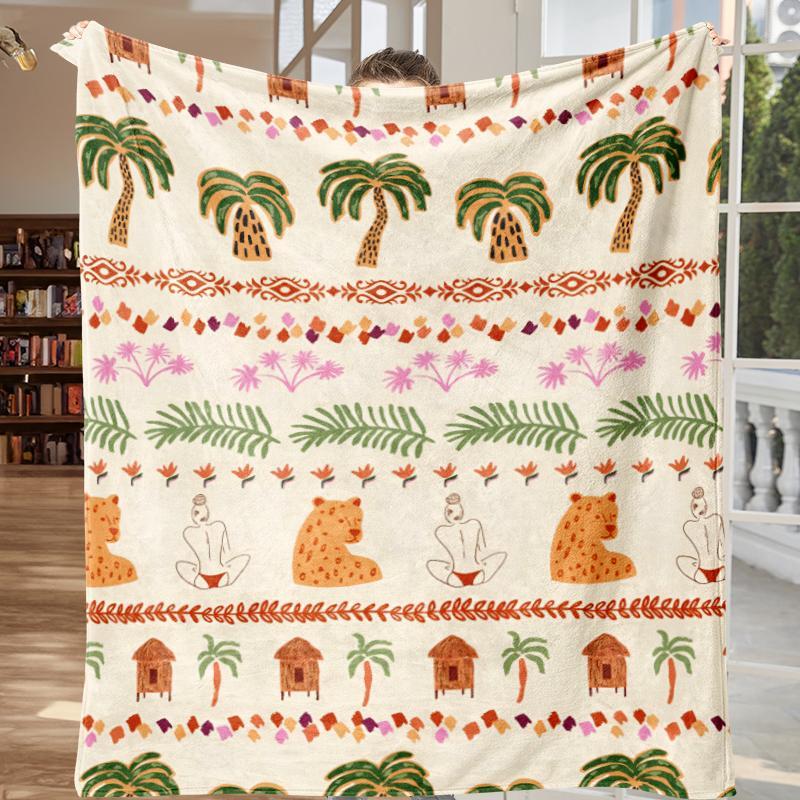 Boho Jungle Safari Blanket: Hand-Drawn Tropical Palm Tree & Leopard Throw With Tribal Vibes, Ultra Soft Plush Fleece Blanket Printed In USA For Boho Home Decor Lovers
