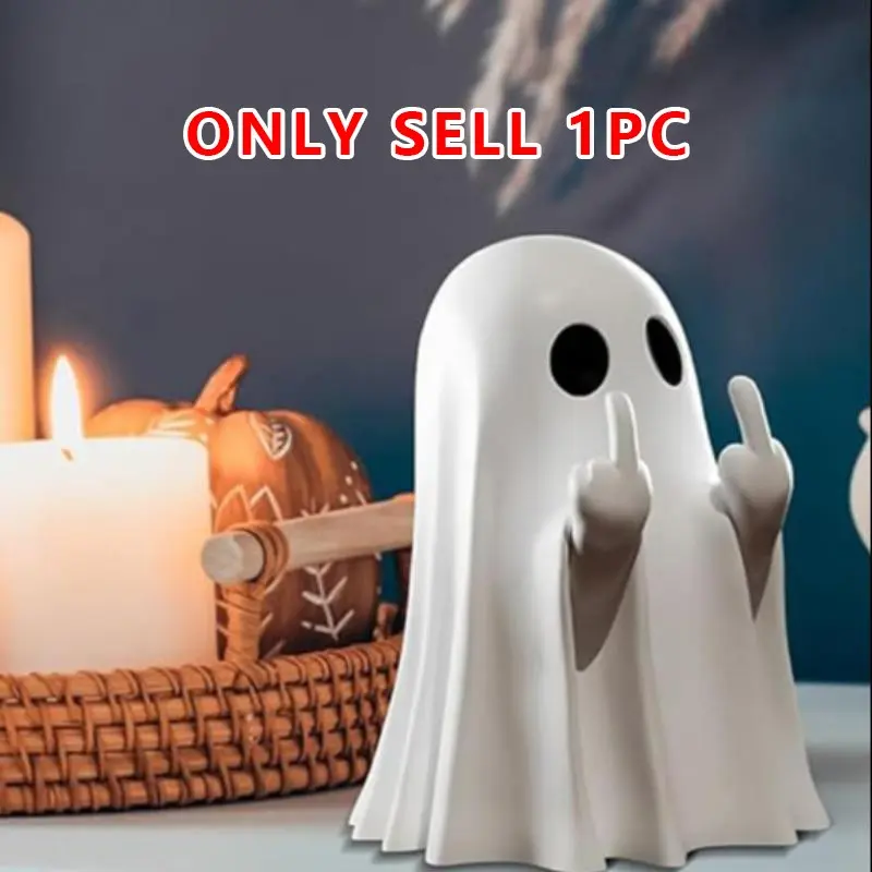 Halloween Ghost Pumpkin Middle Finger Statue, Creepy Resin Figurine, Indoor & Porch Decor, Funny Halloween Gift, Creative Home Decoration, Statues for Home Decor