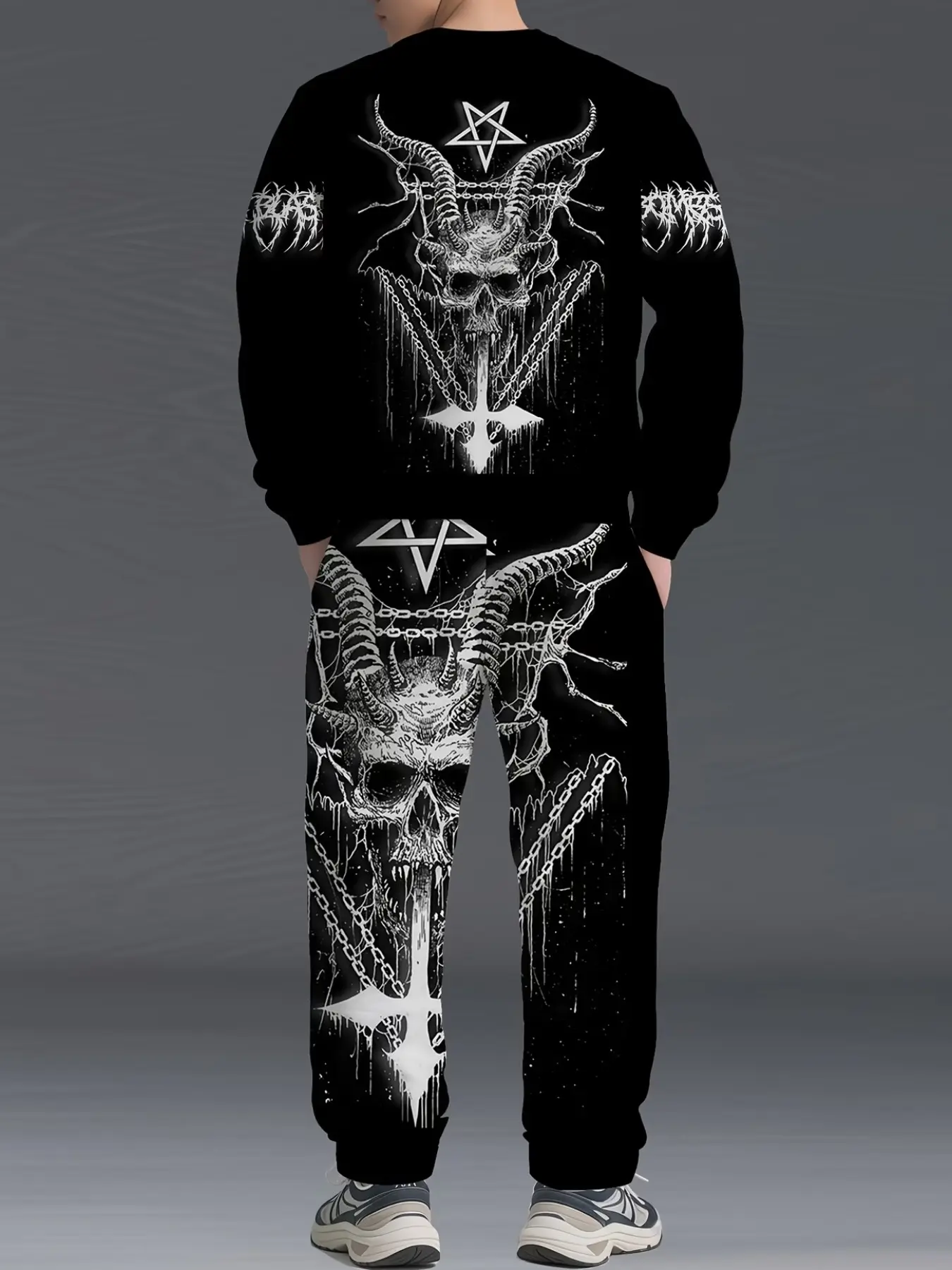 Men's Crewneck Sweatshirt Set, Full Body Digital Print Skull Series, Long Sleeve Loose-Fitting, All Seasons Casual