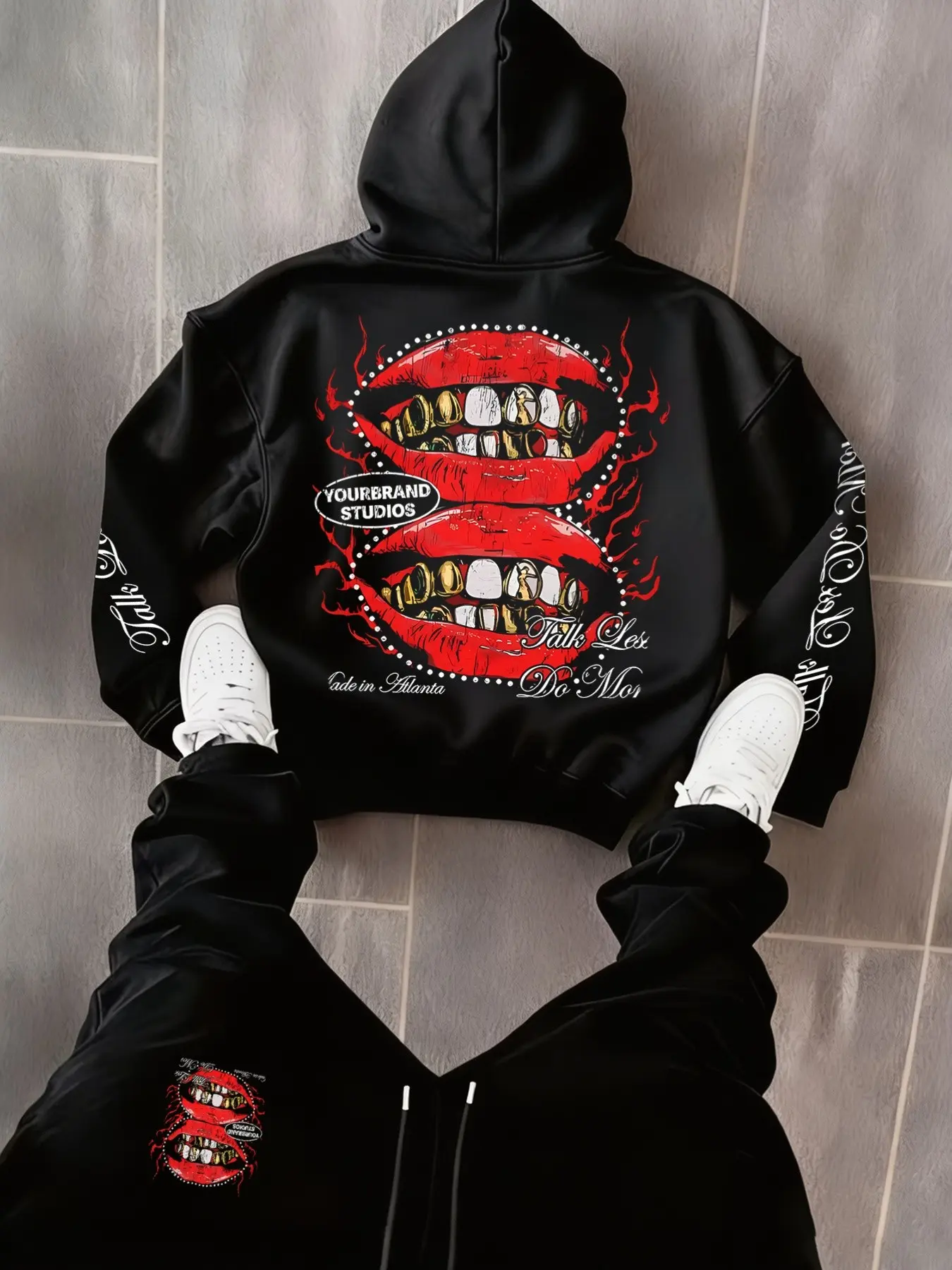 Y2K Streetwear Rhinestone Oversized Hoodie Men Women Grunge Graphic Lips Gold Grills Sweatshirt Loose Casual Hip Hop Pullover Hoodies Set Tracksuit Set for Skater Clubwear