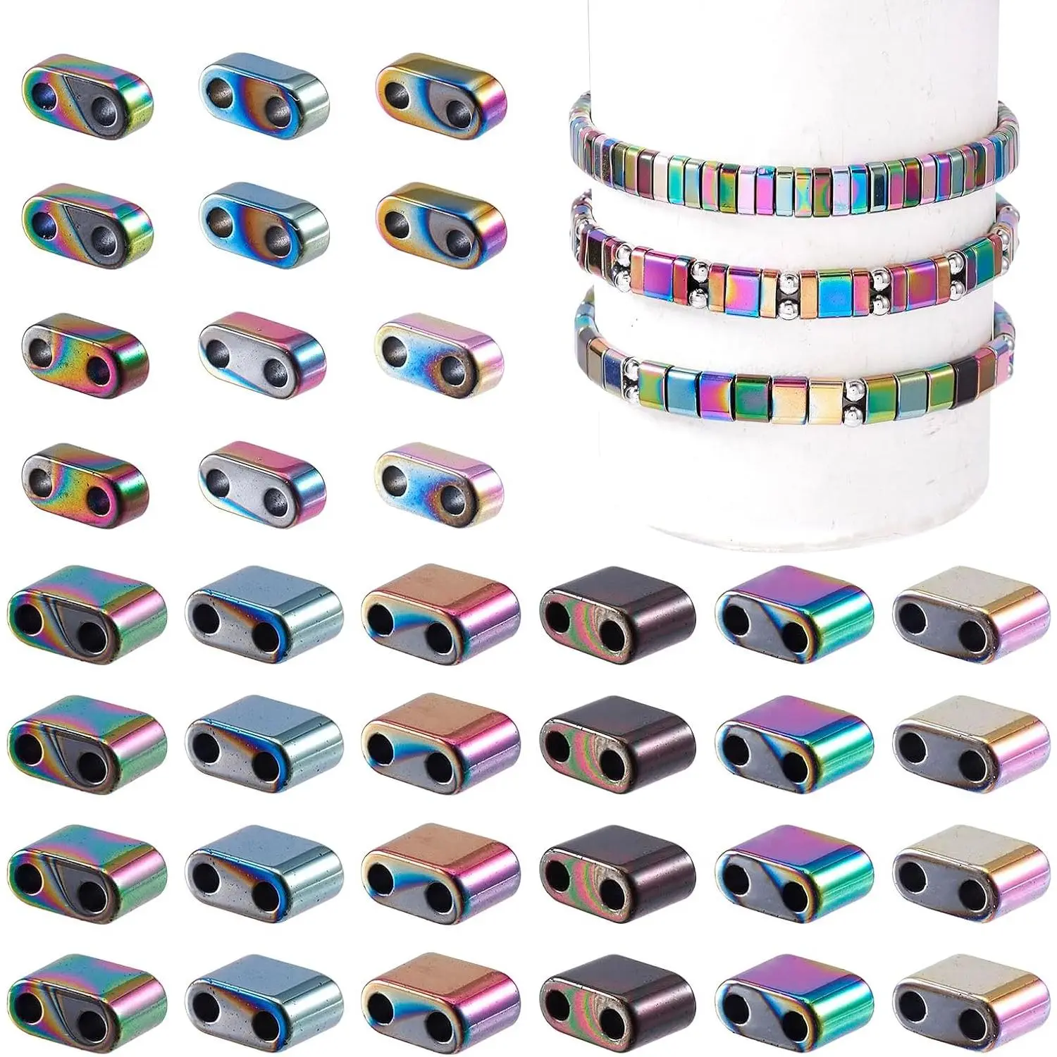 480 count Hematite Stone Tila Rainbow Hematite Flat Rectangle Spacer Loose Beads 2 Sizes for Multi-Strand Bracelet Necklace Earrings