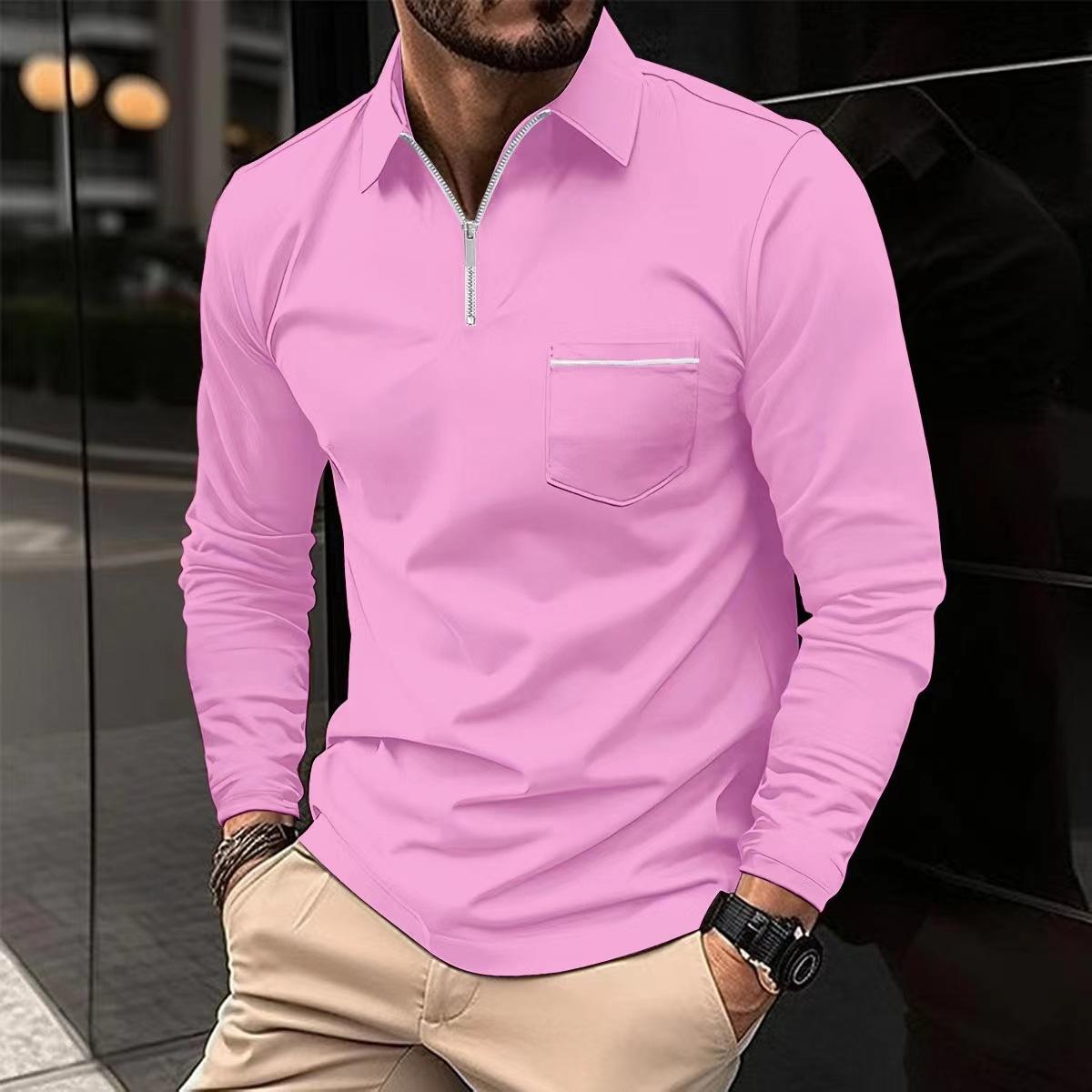 This men's solid color polo shirt with a zip-up collar and made of polyester-cotton blend is an ideal choice for casual wear in spring and summer.