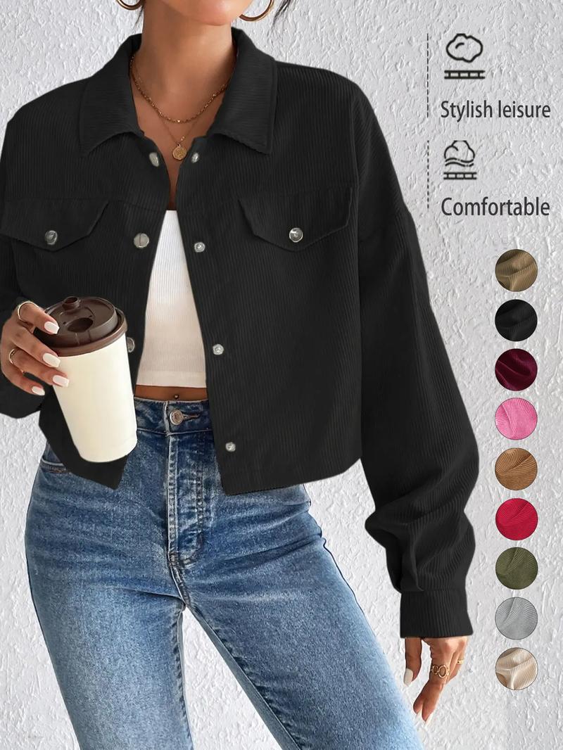 Women's Plain Button Front Drop Shoulder Jacket, Casual Pocket Design Long Sleeve Corduroy Jacket for Fall & Winter