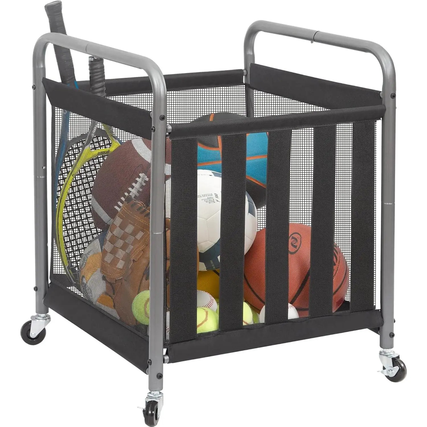 Ball Storage Bin Rolling Sports Ball Cart, Metal Garage Organizer Sport Rack Basketball Storage Cage for Garage or Gym, Indoor & Outdoor Sports Equipment Organizer