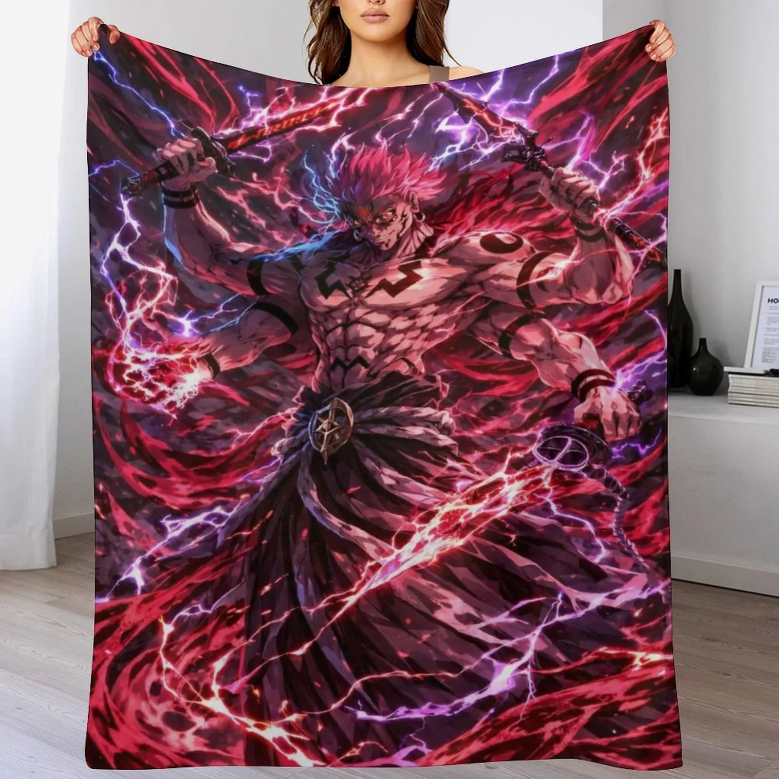 Sukuna Red Lightning Anime Fleece Blanket Cozy Throw Blanket Gift For Jujutsu Kaisen Anime Fans