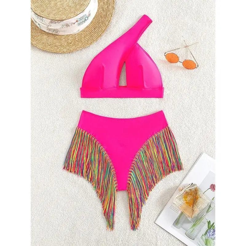 Fringe Tassel One Shoulder Female Swimsuit High Waist Bikini Women Swimwear Two-piece Bikini set Bather Bathing Suit Swim K4999HBeach photography