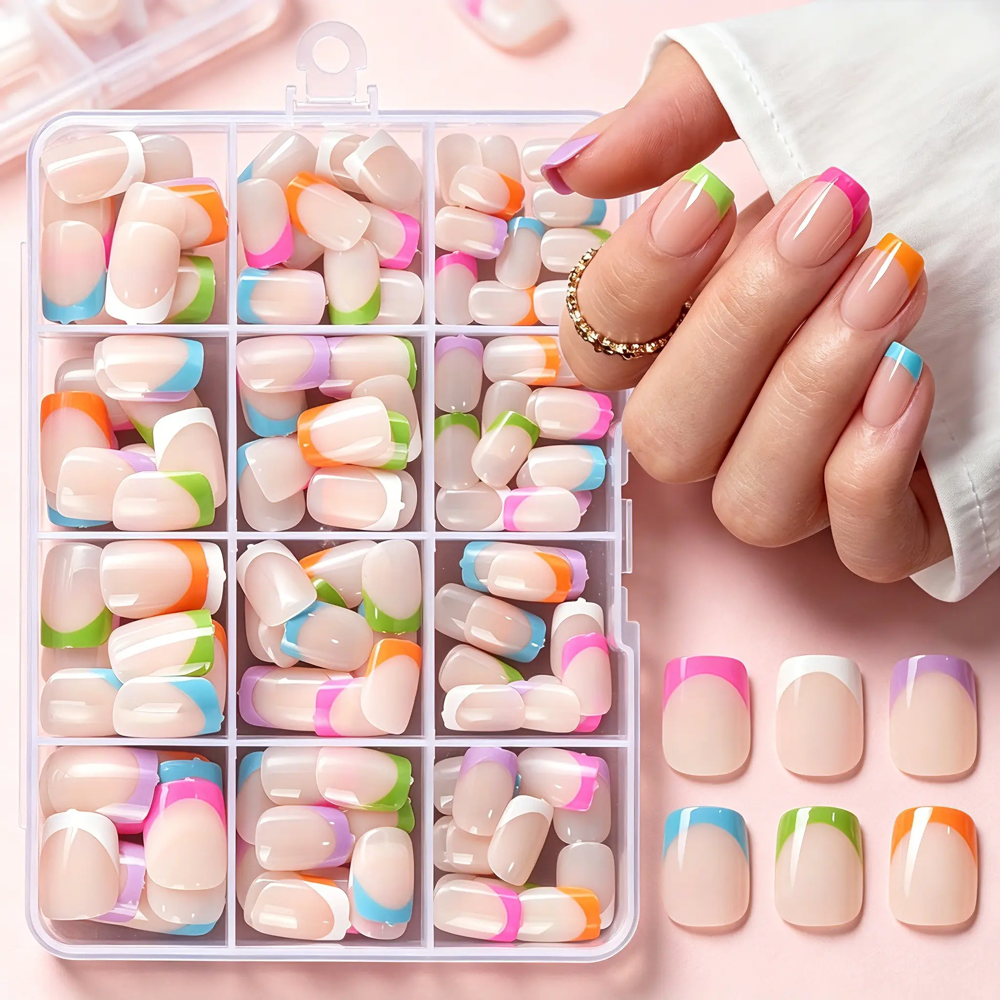 288pcs French Press-On Nails Set, Square Shape, Full Coverage, Removable Fake Nails, Includes Jelly Glue & Nail File, Salon & Home Use
