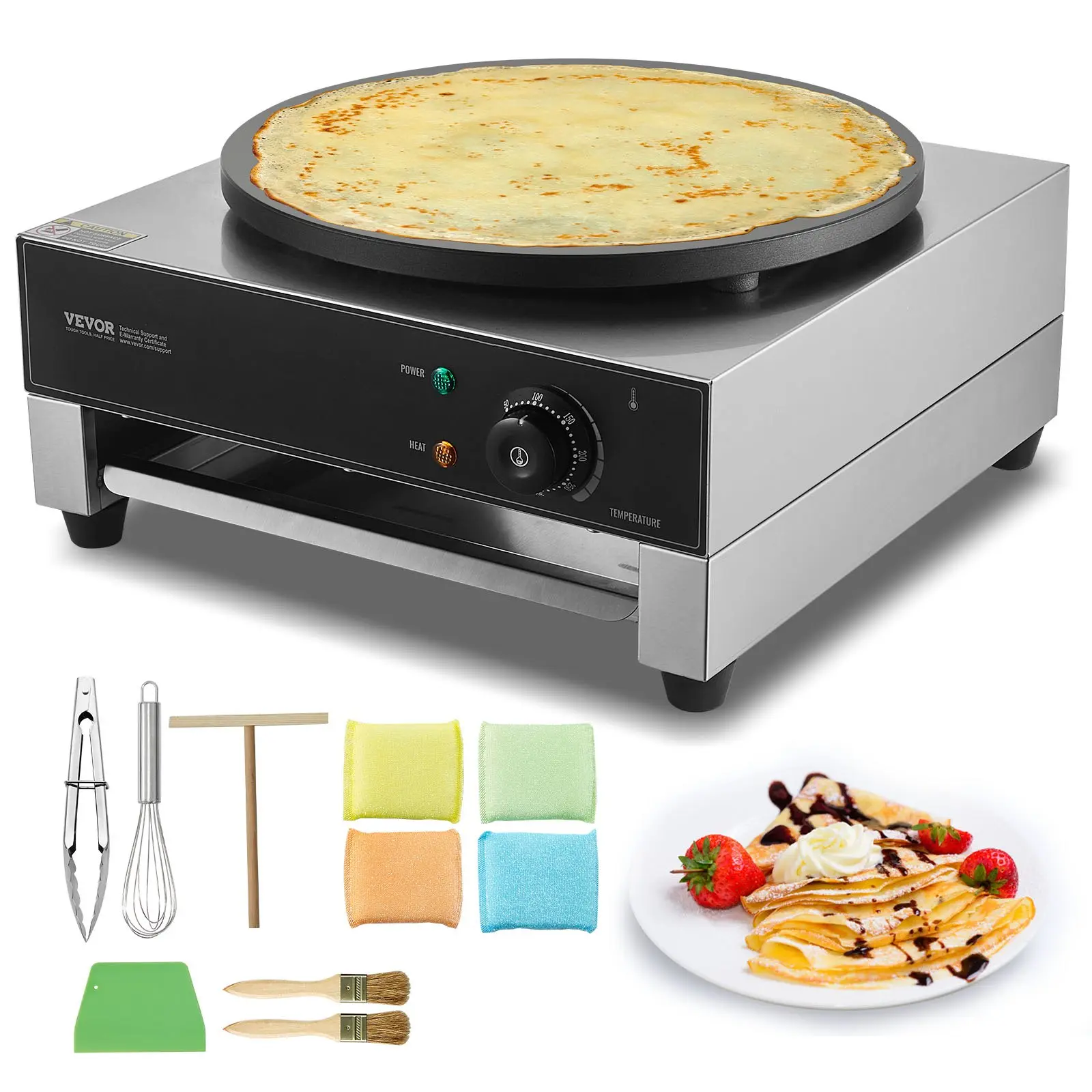 Electric Crepe Maker, 16-Inch Commercial Crepe Machine, 1700W Flat Plate Crepe Griddle, Nonstick Stainless Steel Pancake Making Machine, Desktop Circular Cereals Pancake Stove with Temp Control