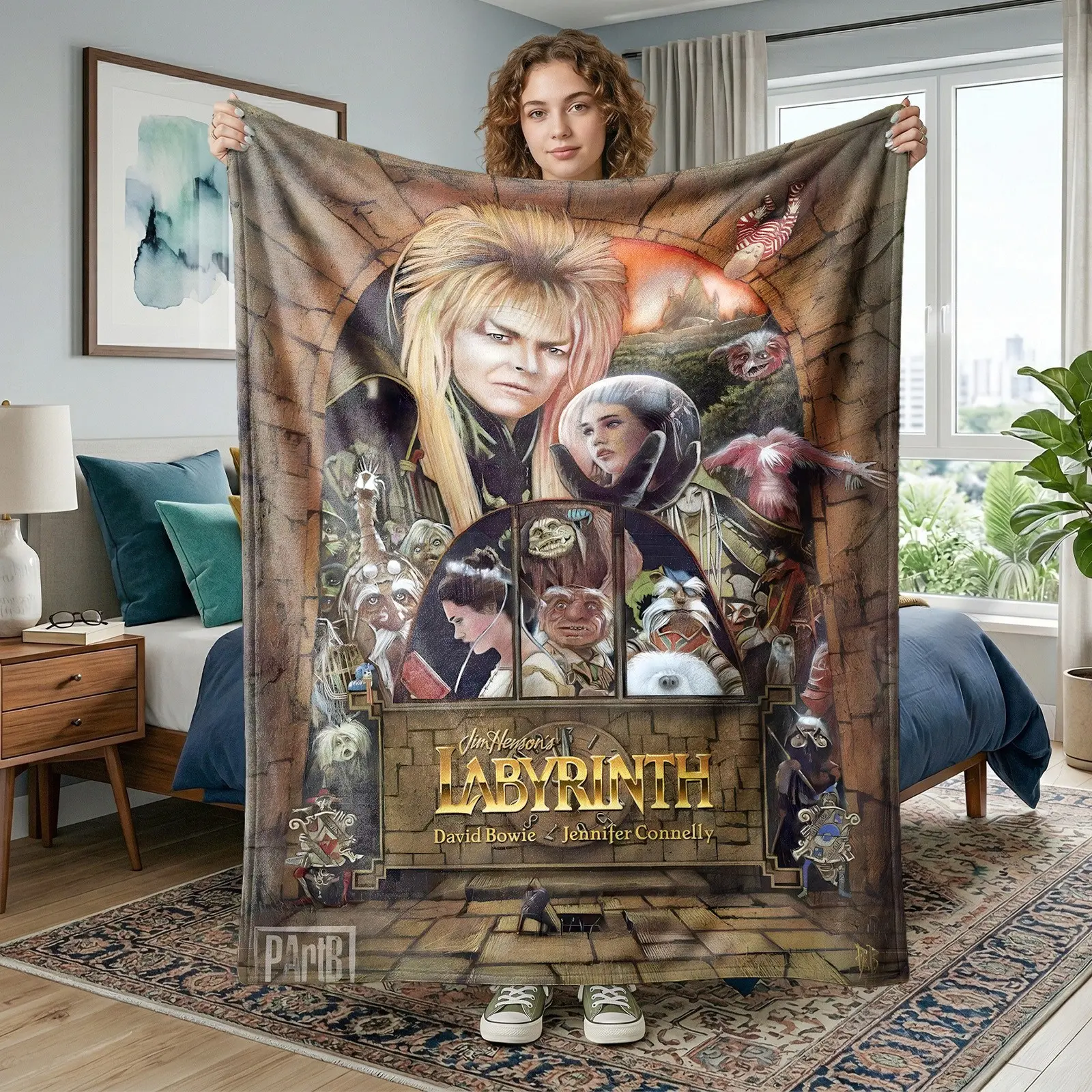 1pc Vintage Brown Labyrinth Fantasy Movie Themed Fleece Blanket, full print Goblin King, Sarah, stone archway, fantasy goblin creatures, retro movie title, labyrinth clock, magical monsters, retro fantasy warm fun soft warm comfortable nap blanket, suitab
