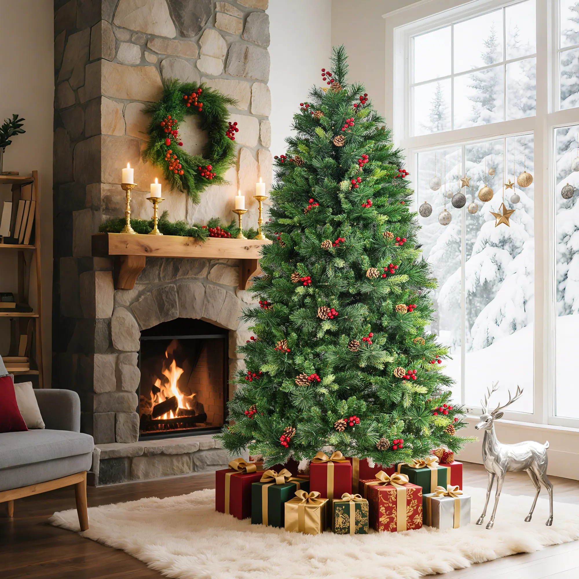 Pre-Lit Slim Pencil Artificial Christmas Tree with 250 Warm White Lights – Lush Realistic Green Divisions, Pine Cones, Red Berries, Metal Stand, Easy Assembly, Skinny Holiday Décor, 6FT