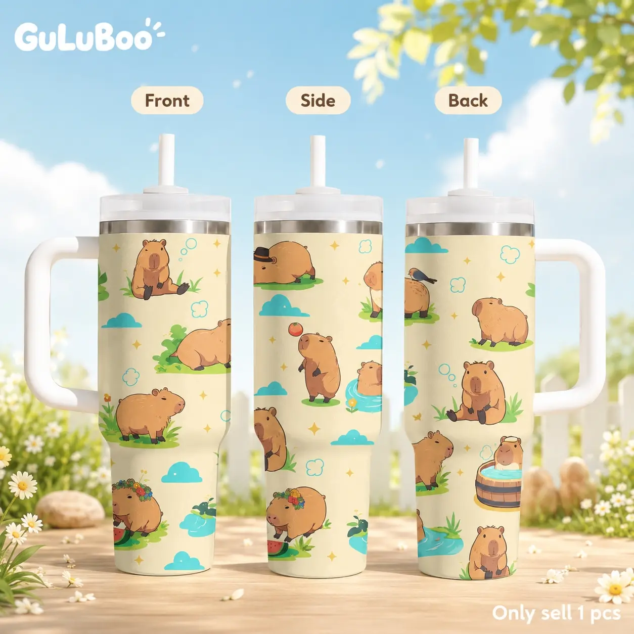 Kawaii Capybara Pastel Papers Vacuum Flasks 40oz Stainless Steel Tumbler with Handle & Straw – Vacuum Insulated Travel Mug, Keeps Drinks Cold Up to 24H, Leak-Resistant Cup for Iced Coffee, Water, Gym, Office & Travel