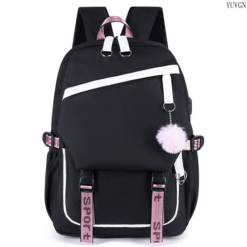Casual Color Block Backpack with Fluffy Charm, Lightweight Multi-Pocket Student Daypack for School, Travel & Daily Use, Backpacks For School, Multi Pockets