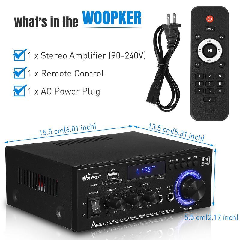 WOOPKER AK45 300W/AK45 Pro 400W Bluetooth 5.0 Stereo Amplifier HiFi 2.0 Channel Power Amp with USB SD RCA Dual Microphone Support for Karaoke Home Theater Party Audio Streaming  karaoke machine