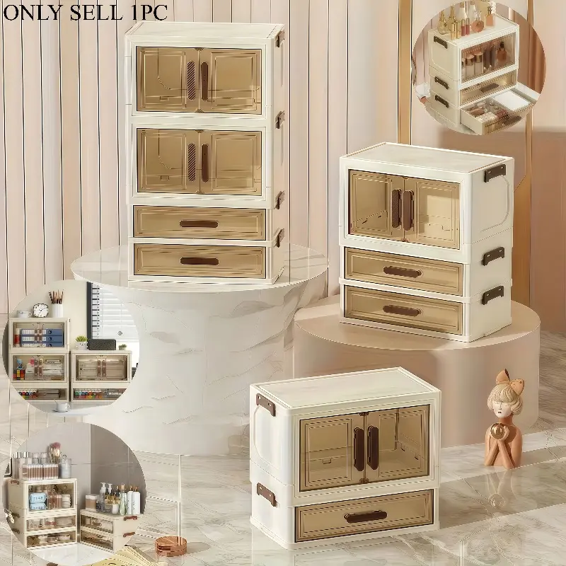 4/3/2-tier foldable large-capacity cosmetic storage box, Cosmetic Organizers with transparent drawers, sturdy PVC material, and secure lock latch - suitable for storing cosmetics, skincare products, documents, books, and for home/office organization