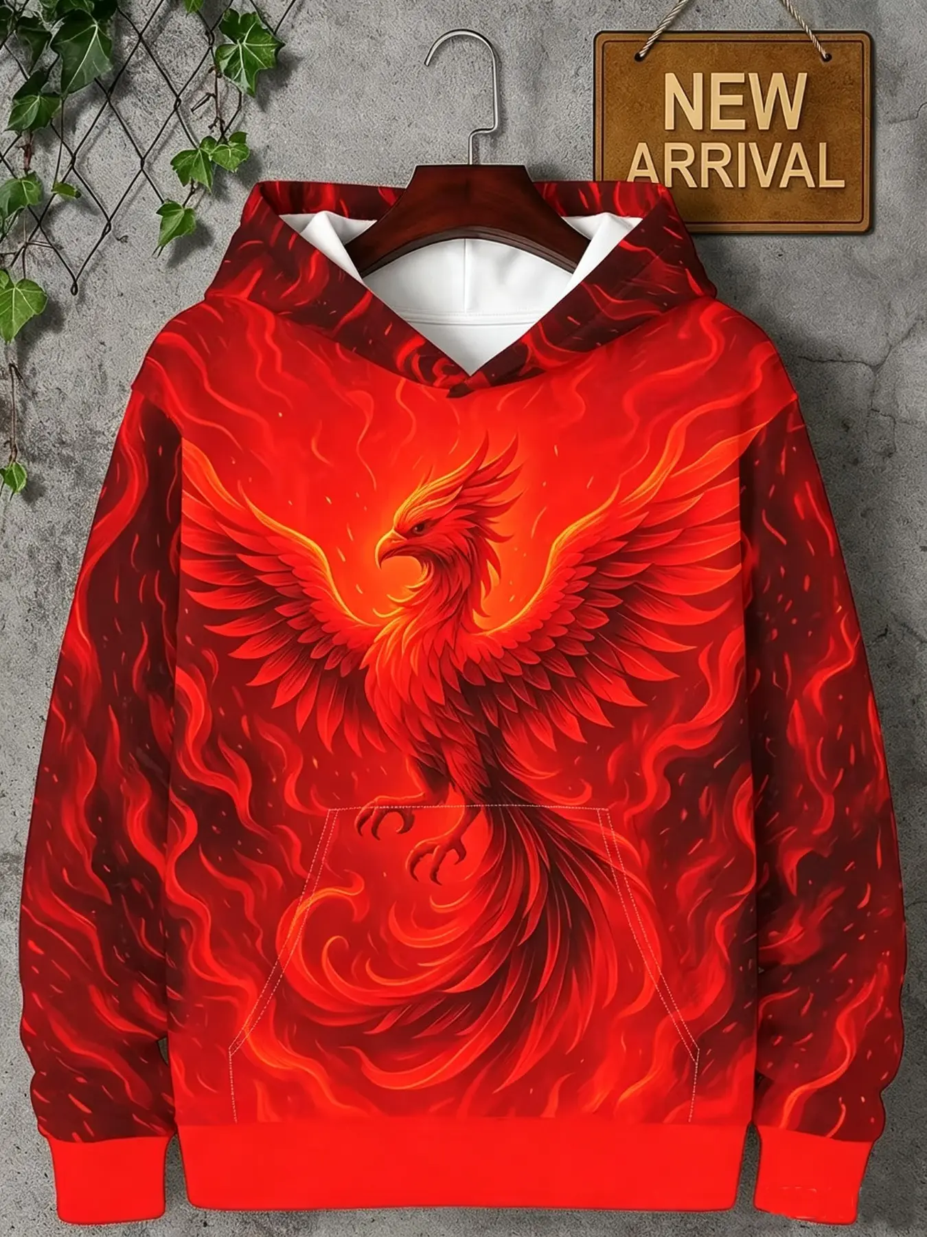 Casual Hooded Sweatshirt with Bold Phoenix Print, Long Sleeve, All over Print, Loose Fit, Fall Winter, Street Style, Comfortable