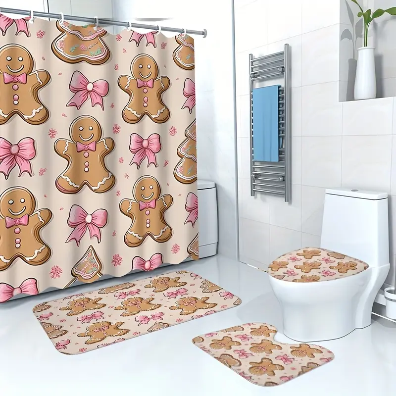 Flannel Water-Proof Gingerbread Man Shower Curtain 4-Piece Set with Pink Bows, Cute Design, Easy Installation, Machine Washable, Splash-Resistant for Christmas Bathroom & Kitchen Use
