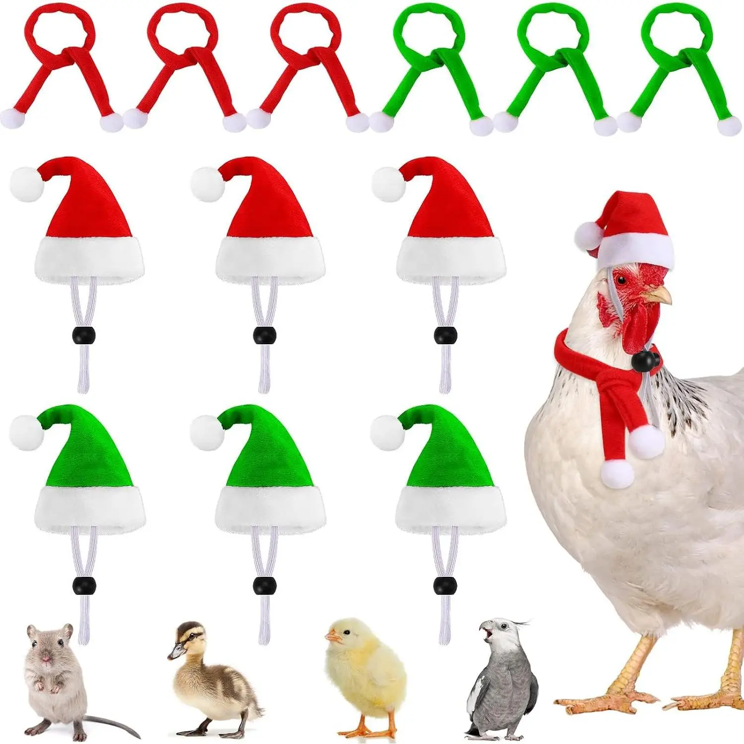 12 count Mini Santa Hats, Christmas  Chicken Hat Scarf Set Red Green Small  Adjustable Hat for Poultry Hen Rooster Hamster Duck Lizard Guinea Pigs