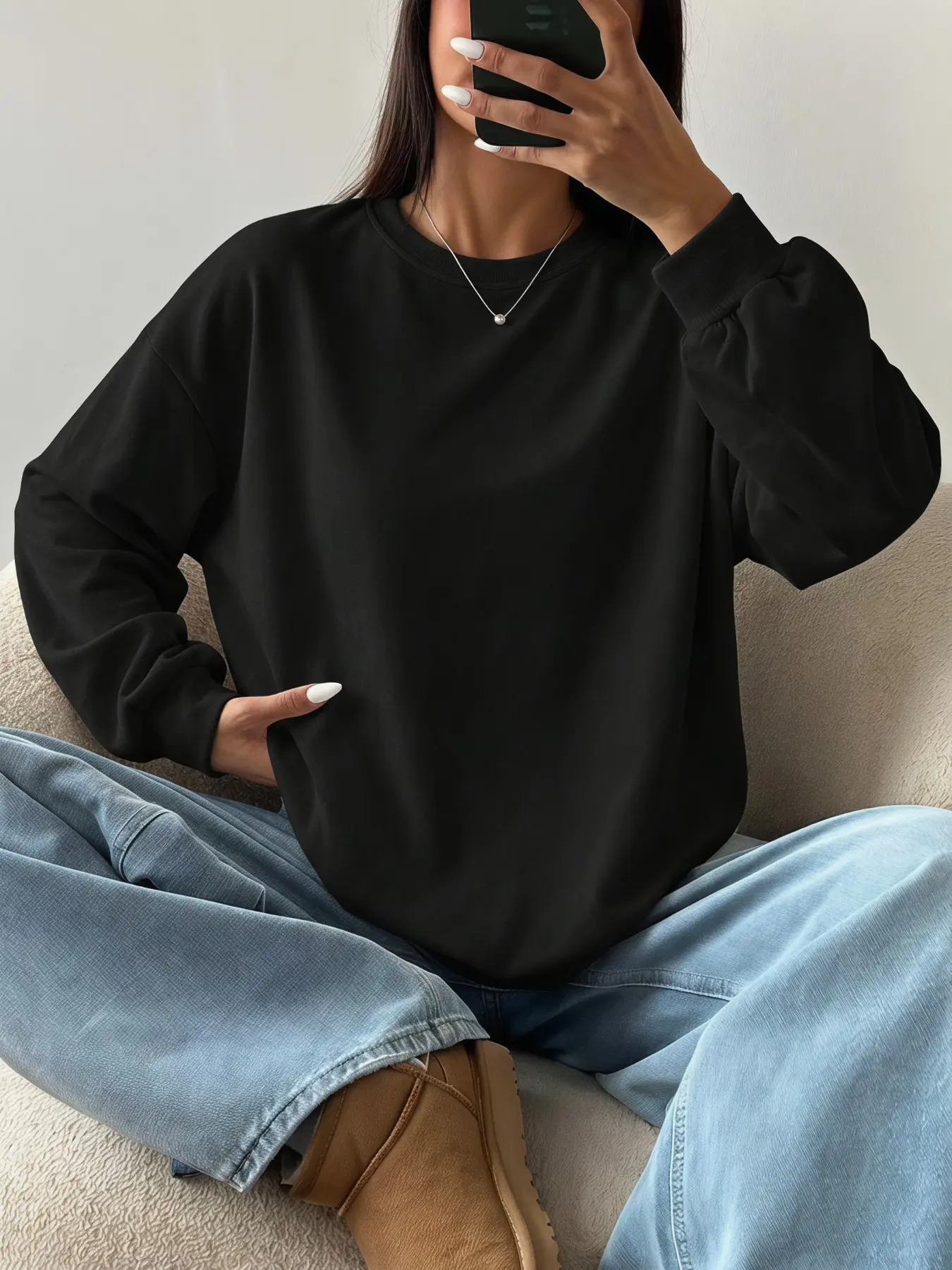 Solid Black Oversized Drop Shoulder Crewneck Sweatshirt, Basic, Relaxed Long Sleeve Plain Pullover Top, Daily Loungewear Streetwear Athleisure Essential, Casual Outfit Matching Jeans Ankle Boots, Wardrobe Staple For Daily Hangouts Travel Indoor Leisure