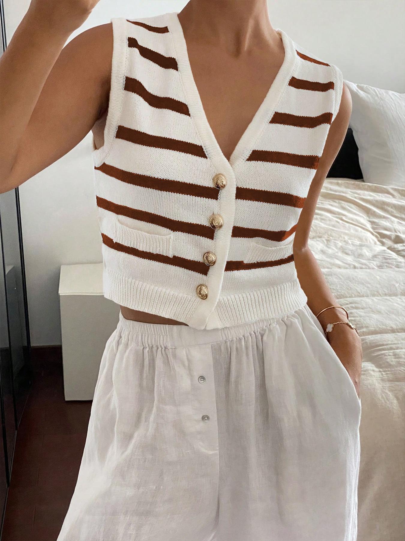 Women's Striped Print Button Front V Neck Crop Sweater Vest, Casual Sleeveless Knit Top for Spring & Fall, Fashion Women's Knitwear for Daily Wear